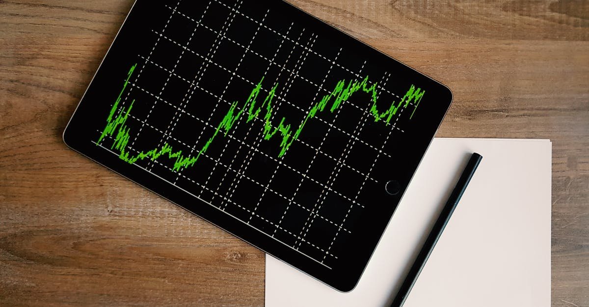 Flatlay of an iPad displaying stock market graph on a wooden desk with a pencil and paper.